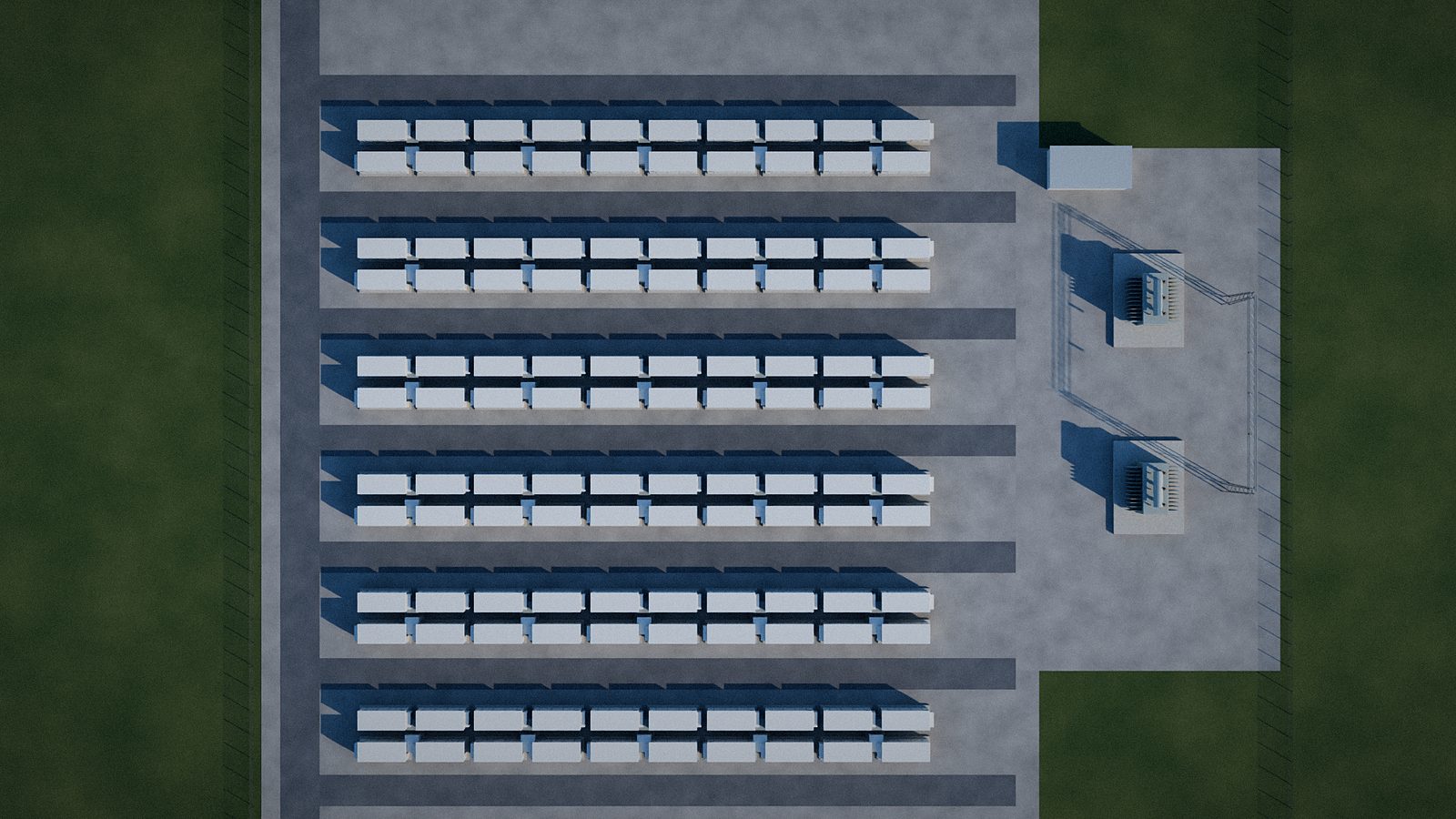 Overhead view of a battery storage compound showing the grid layout of enclosures and the substation yard. Illustrative visualisation.