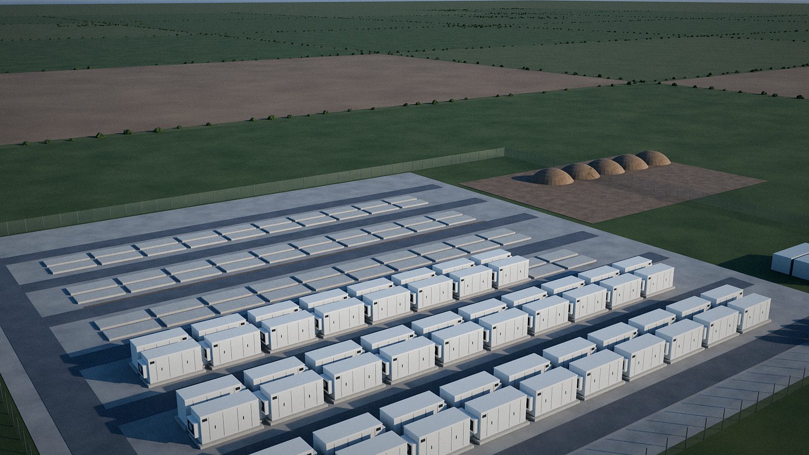 Battery storage site under construction, with installed enclosures, empty concrete plinths and site cabins. Illustrative visualisation.