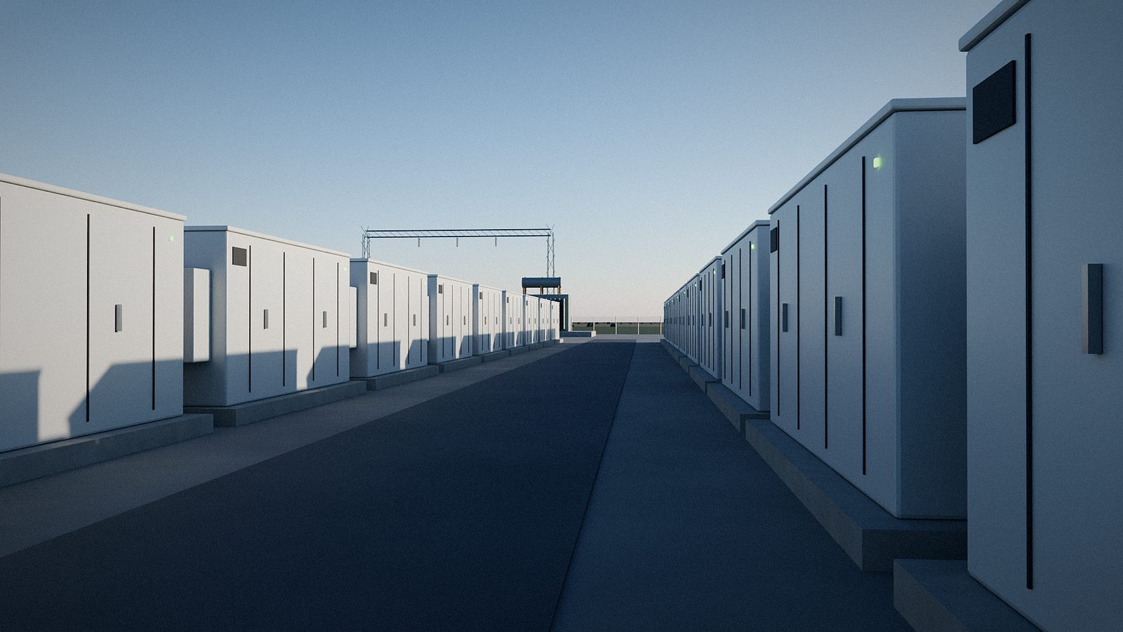 Rows of battery storage enclosures with cooling units along a site access road. Illustrative visualisation.