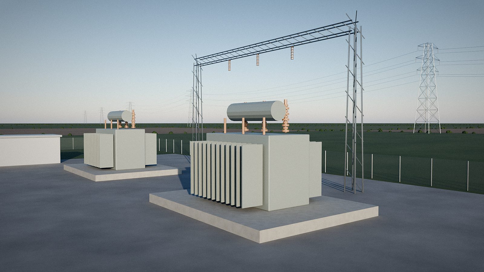 High voltage transformers and a steel gantry in the substation of a battery storage site. Illustrative visualisation.