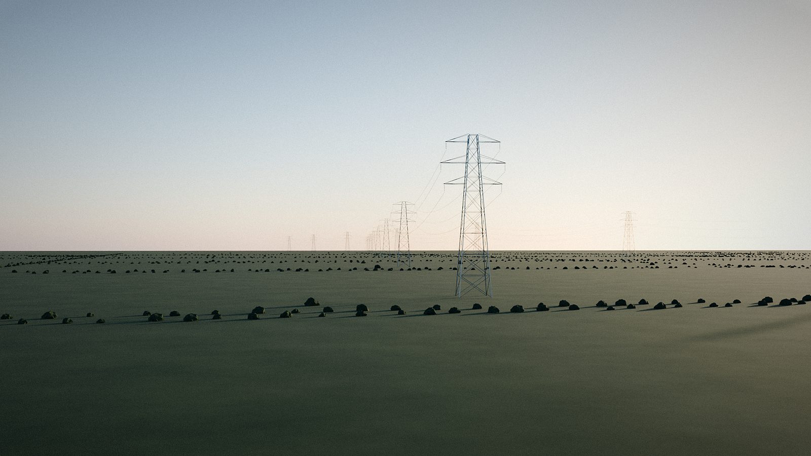 Transmission pylons crossing farmland at sunrise. Illustrative visualisation.